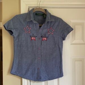 Blue Embroidered Button Down Shirt with Western Style